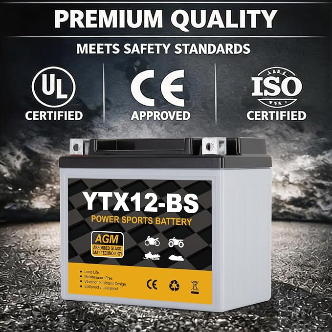 YTX12-BS Motorcycle Battery 12V 10Ah, 180 CCA Sealed AGM Rechargeable Maintenance Free Battery, Replacement for ATV, Scooter, 4 Wheeler, ETX12, GTX12-BS