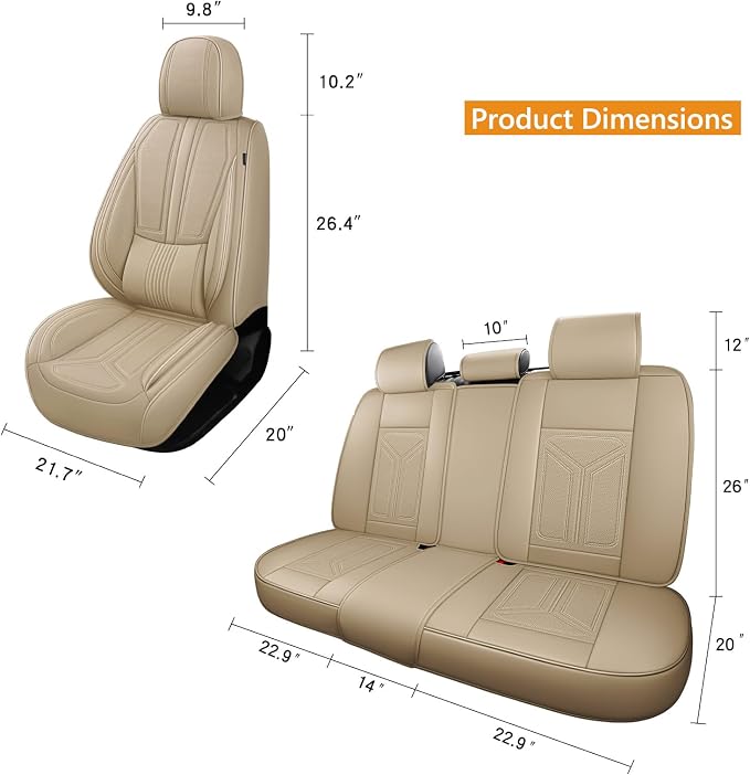 otoez Car Seat Covers Full Set, 5 Seats Nappa Leather Seat Cover for Car, Breatheable and Waterproof Seat Protector Full Coverage, Universal Automotive Seat Cushion for SUV Truck Seden, Beige