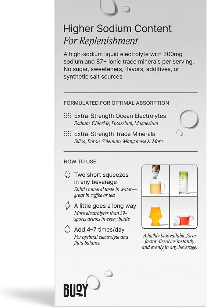 Buoy Rescue Electrolyte Drops - High-Sodium, 6X Stronger Liquid Electrolyte with 87 Trace Minerals for Intense Depletion and Rapid Recovery - Unflavored - Sugar Free - No Sweeteners - 60 Servings