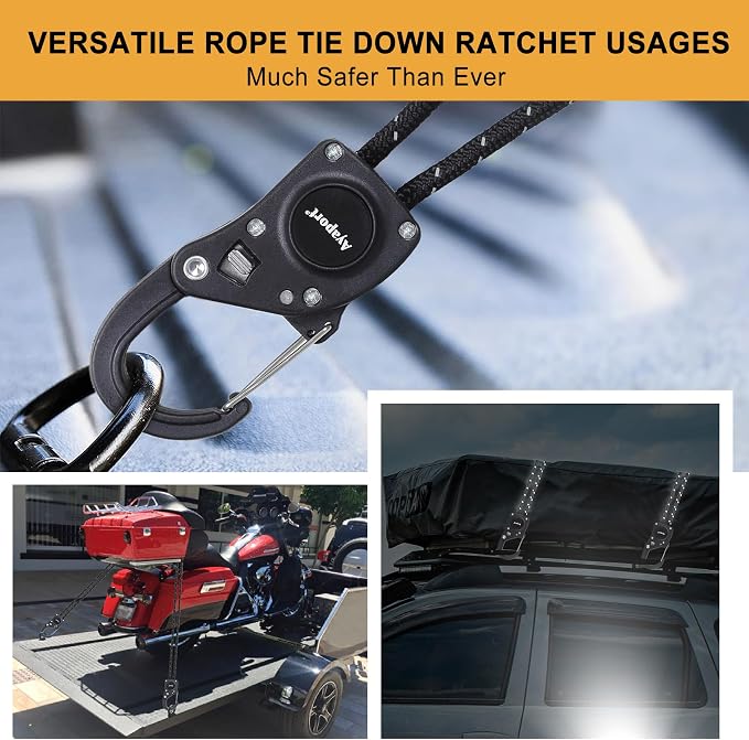 Ayaport Rope Tie Down Ratchet with Carabiner Clip 1/4" x 12' Rope Cord Tightener Heavy Duty Construction Kayak tie Downs for Tent, Tarp, Camping