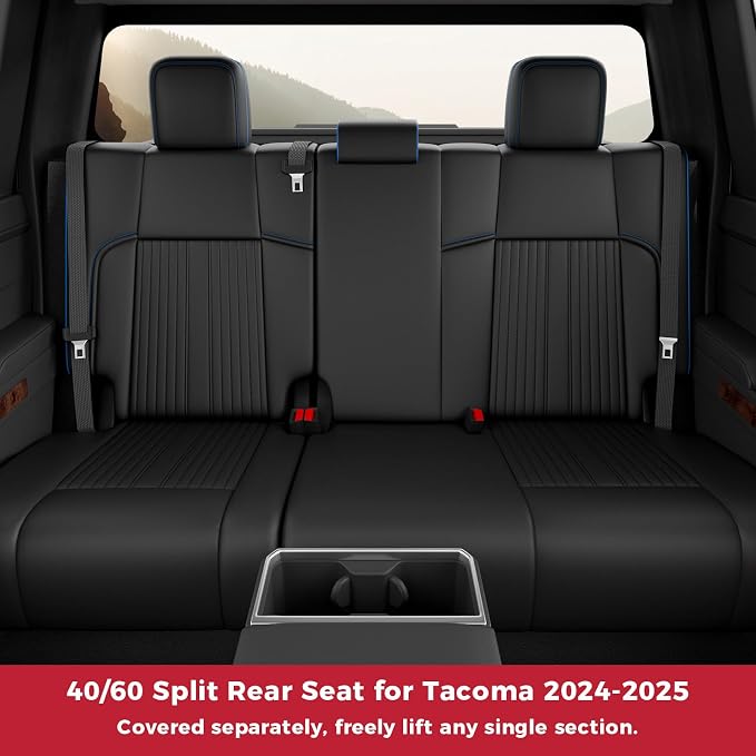 FREESOO Custom Fit Leather Tacoma Seat Covers Full Set Gen 4Th 2024-2026 Double Cab, for Sr/Sr5/Trd Prerunner/TRD Sport/TRD Off-Road/Limited, Seat Covers for Tacoma (5 Seats, BlackBlue)