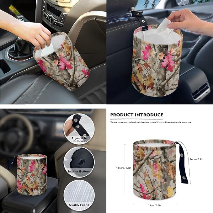 Camo Maple Leaf Car Seat Covers Set of 15 with Universal Steering Wheel Cover, Rearview Mirror Cover, Car Trash Can, Seatbelt Pads, Cup Holder Coasters, Keychains