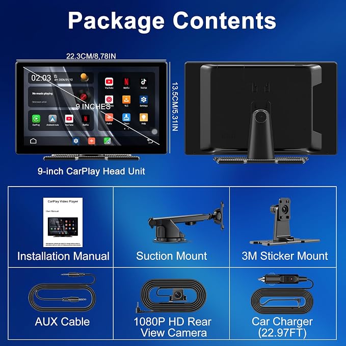 9" Upgraded Wireless Carplay Screen For Car, Built-in Apps Net-flix Youtube Tiktok, Portable AI Magic Box For Apple Car Play & Android Auto Screen With HD Backup Camera, Voice Assistant , OTA Updates