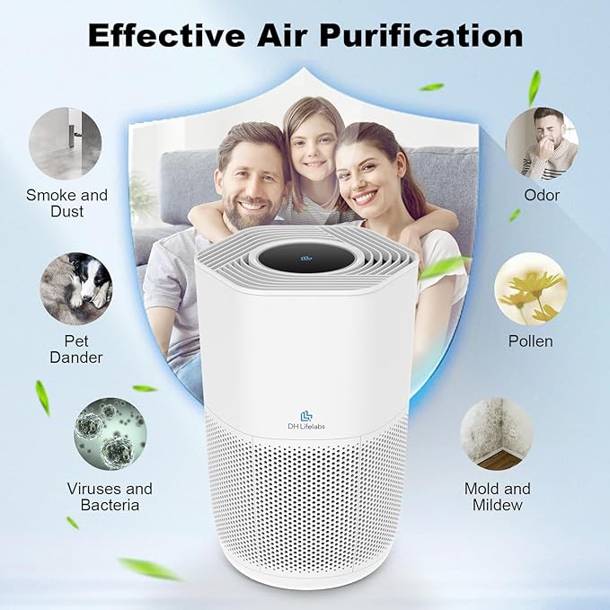 DH Lifelabs HEPA Air Purifier, WiFi Smart Air Purifier for Dorm, Home, Living Room, Bedroom, H13 TrueHEPA Filter Captures Allergies, Ionizer Eliminates Pet Odor Eliminate, for Up to 1026 SqFt, White