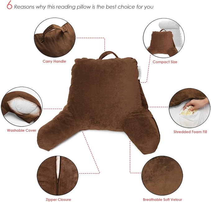Nestl Reading Pillow for Kids & Teens with Shredded Memory Foam, Backrest Pillows for Reading, Watching, and Gaming, Use on the Couch, Bed, or Floor Adjustable Support, Washable Cover, Chocolate Brown