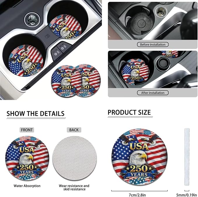 USA 250 Years Flag & Eagle 11-Piece Car Seat Cover Set, Patriotic Auto Accessories, Breathable & Washable for Cars, Trucks & SUVs with Steering Wheel Cover and Seatbelt Pad Covers