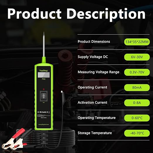 Topdiag P60 Automotive Power Circuit Probe Tester, 12-24V Power Circuit Probe Kit, Short Circuit Automobile Finder,AC/DC Voltage Tester, Component Activation Tool