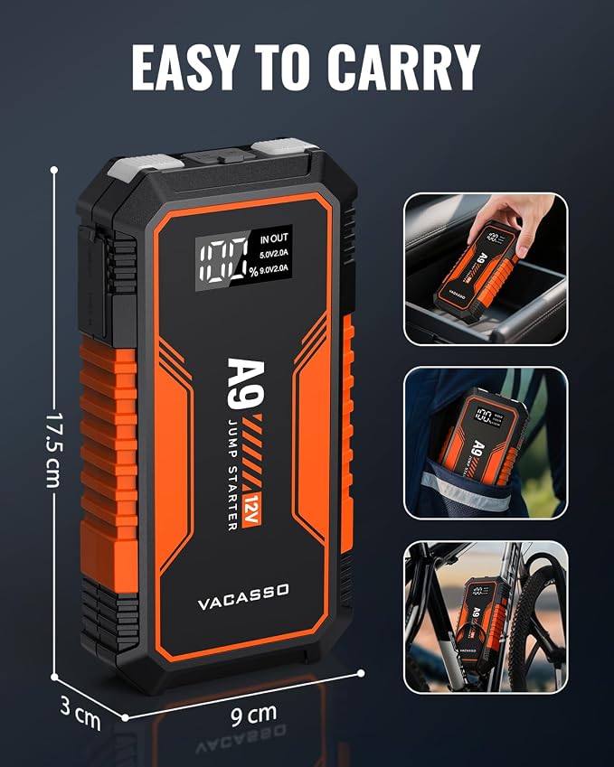 Jump Starter 4000A, VACASSO A9 Battery Jumper Starter Portable (7L Gas/4L Diesel), 12V Car Battery Booster Jump Starters Pack, Jumpstart with USB Ports, Jumper Cables, LED Light, Storage Case