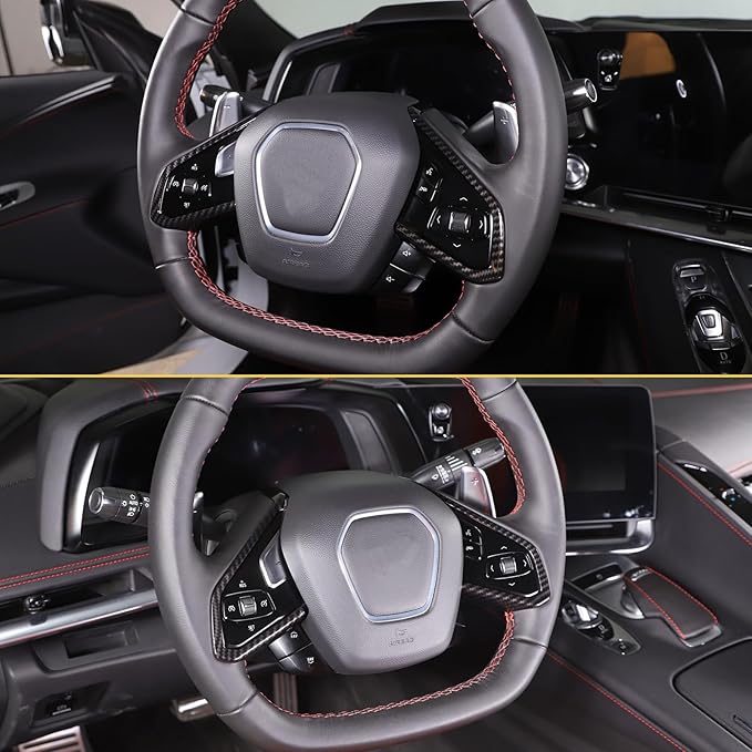 Steering Wheel Button Cover Compatible with Chevrolet Corvette C8 2020-2023, Steering Wheel Frame Trim, Car Steering Wheel Panel Protection Frame Molding Sticker (ABS-Carbon Fiber Pattern)