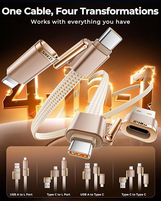 SHEZI 4 in 1 Charging Cable for Car(5FT), 240W Fast Charge USB C to USB C Cable, Works with iPhone 17 16 Pro Max/Samsung/MacBook/iPad, USB-C/USB-A to Lightning/Type-C, Multi-Device Charger Cords Combo