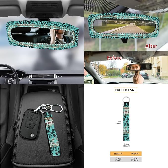 Wanyint Aztec Cow Print 15 Pack Car Accessories Set, Universal Auto Seat Protector Steering Wheel Cover Seatbelt Strap Pad Trash Can Mount Storage Pocket Cup Holders Rearview Mirror Cover Keychain