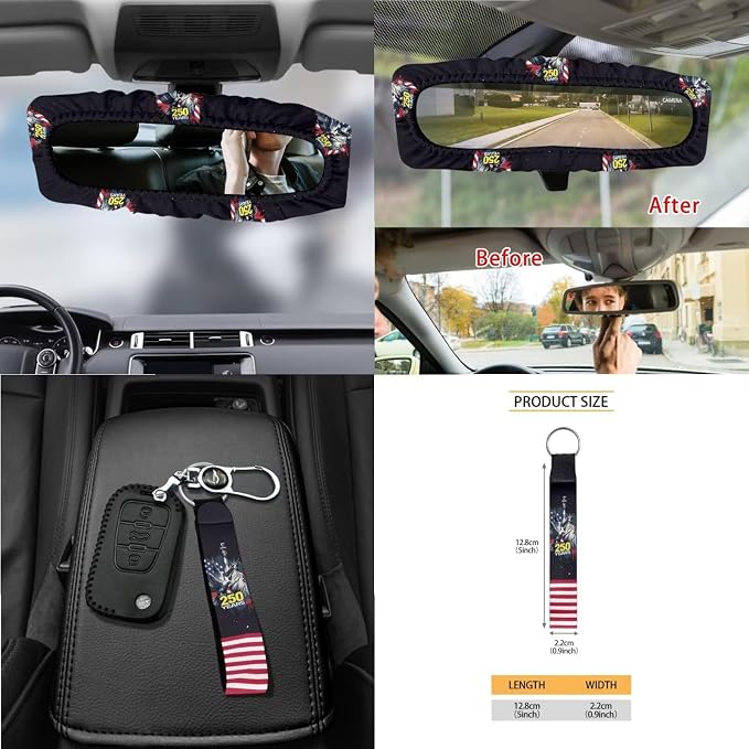 Wanyint Car Seat Cover Set 15 PCS, with Steering Wheel Seat Belt Rear View Mirror Cover Trash Can Cup Coaster Keychain Air Vent Storage Bag, US 250th Anniversary Auto Decor, Statue of Liberty Eagle