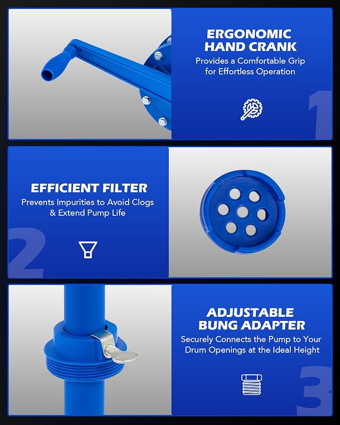 Orion Motor Tech 55 Gallon Drum Pump, Rotary Barrel Pump for Transfer of Chemicals, Acidic Solutions, Fuel, Water Based Fluids, Drum Pump Fits 5 to 55 Gallon Drums Hand Water Pump for 55 Gallon Barrel