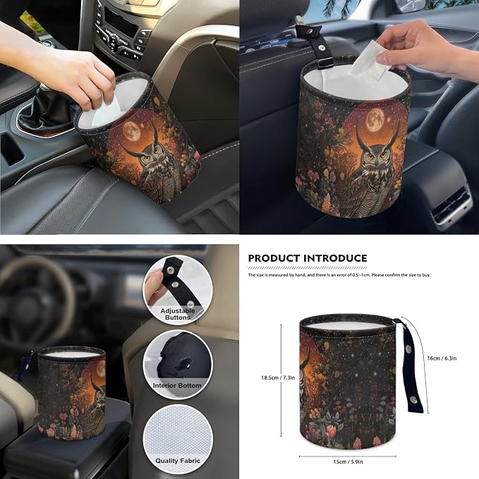 Moon Owl Car Seat Covers Full Set 15 Pcs Universal Seat Covers Front and Back with Steering Wheel Cover Seat Belt Pad Trash Bag Rearview Mirror Cover Car Coasters Keychain