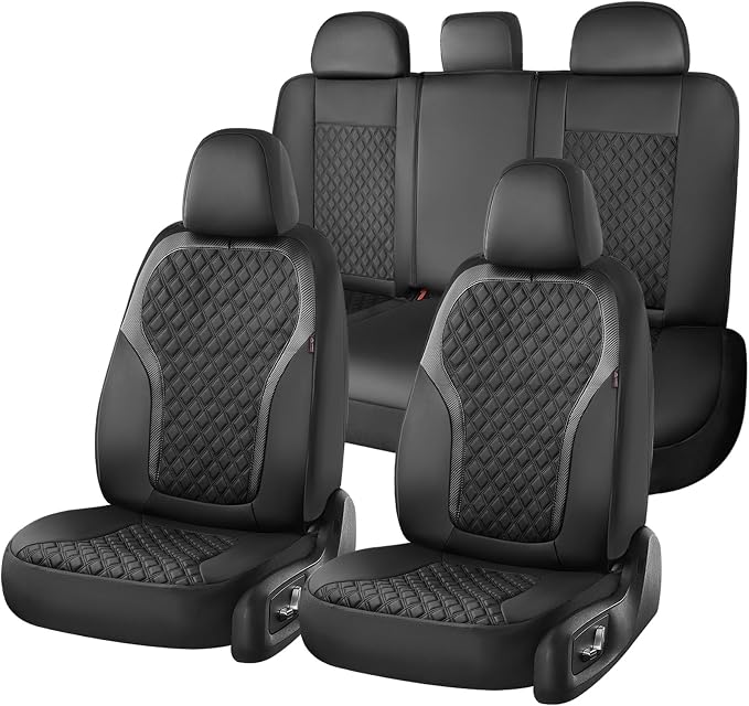 Coverado Front Seat Covers, 2-Pack Luxury Diamond Leather Car Seat Cover with Carbon Fibre Weave, Spill-Proof Driver Car Seat Protectors, Waterproof Seat Covers Universal Fit for Most Cars, Black