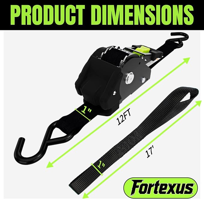 Retractable Ratchet Straps, 4-Pack, 1 Inch x 12 Feet, 1,760lb Break Strength, Self Retracting Tie Down for Truck, Cargo Trailer, Motorcycle, ATV, UTV (Black, 4pack)