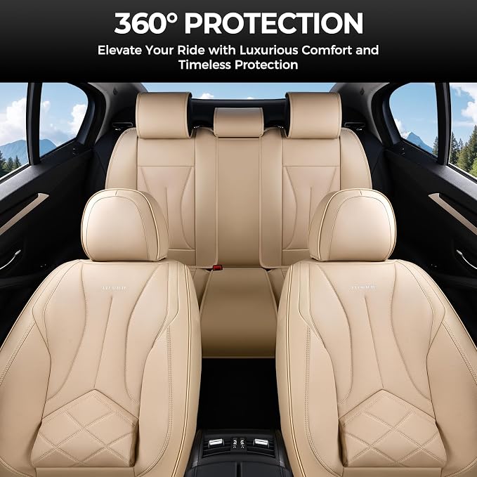 FLORICH Seat Cover, Leather Car Seat Covers Full Set, Waterproof Car Seat Protectors 5 Seats, Front and Rear Seat Covers for Cars, Automotive Seat Protector Fit for Most Sedans SUV Truck - Beige
