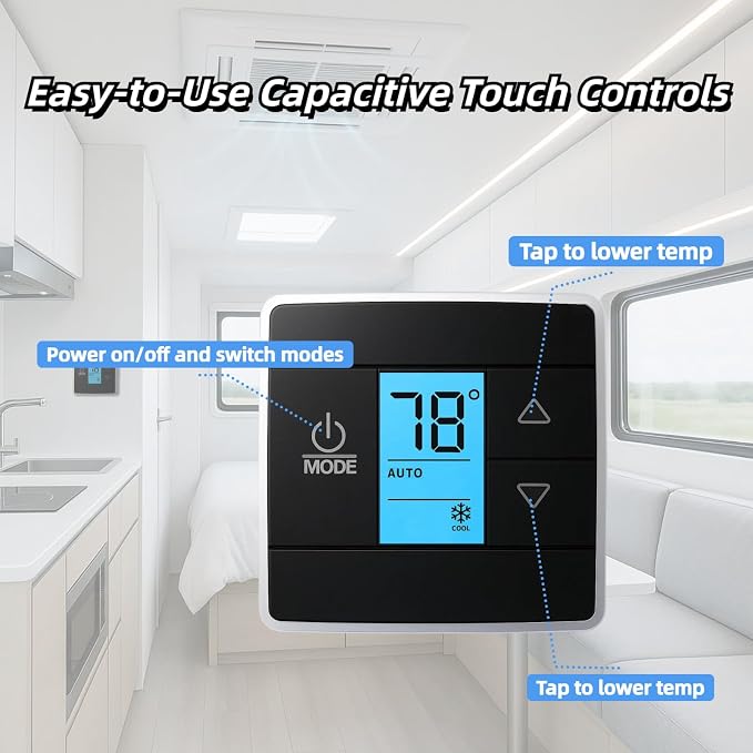 RV Thermostat Compatible with Dometic 3316250.712, 3-Wire Single Zone Control for Cool/Heat, 12V DC, Capacitive Touch, Blue Backlight(Only Fit for 3 Wire)
