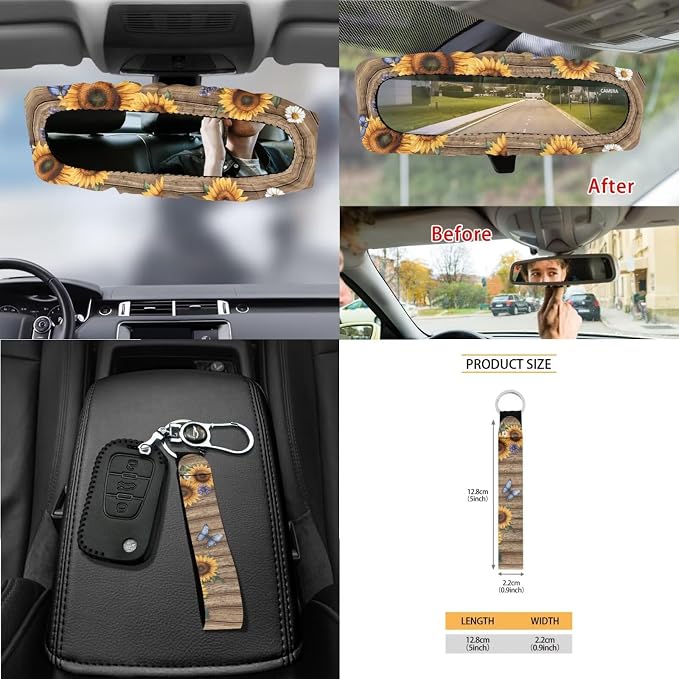 Wood Sunflower Daisy Butterfly Print Full Set Seat Covers, Auto Streering Wheel Cover, Trash Bin, Seat Belt Cover, Keychain, Air Vent Bag, Coasters, Set of 15