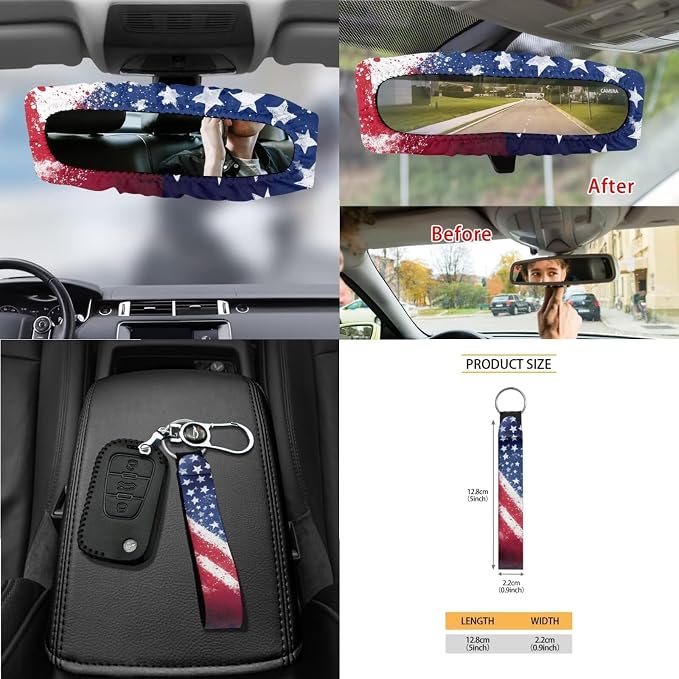 Wanyint 15 PCS Car Seat Covers Set, with Steering Wheel Rear View Mirror Seat Belt Cover Trash Bin Sunglass Pocket Coasters Key Chain US 250th Anniversary Car Accessories, American Flag Eagle Splash