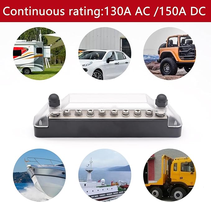 150A 12V Bus Bar Marine, 1/4" Power Distribution Block, Battery Buss Bar, Automotive Busbar Terminal Block for Car and Boat, 2 x 1/4" Studs, 8 x #8 Screws Terminals (Black+Red)