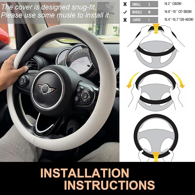 PINCTROT Nappa Leather Steering Wheel Cover, Slim Fit No Bulk Design, One Piece Leather with Breathable Perforation, Fit Like Gloves, Universal 14.5-15 Inch(Nappa White)