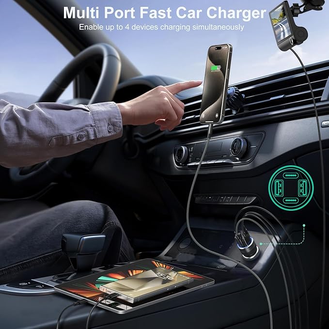 65W 4-Port Dual USB A and USB C Car Charger with 5FT Type C Coiled Cable, QC&PD 30W Fast Charging Cigarette Lighter Car Adapter Compatible for iPhone 15 15 Pro 15 Pro Max 15 Plus