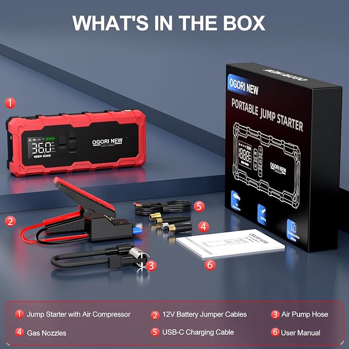 7000A Jump Starter with Air Compressor, 21800mAh 150PSI Portable Car Battery Jump Starter (All Gas/16L Diesel), 12V Supersafe Jump Box Car Battery Booster with Jumper Cables, Lights