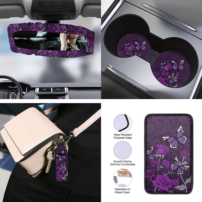 Butterfly Rose Printed Auto Seat Protector Full Set of 15 Car Accessories Set Non Slip Car Steering Wheel Covers Armrest Pad Shoulder Strap Protector, Purple