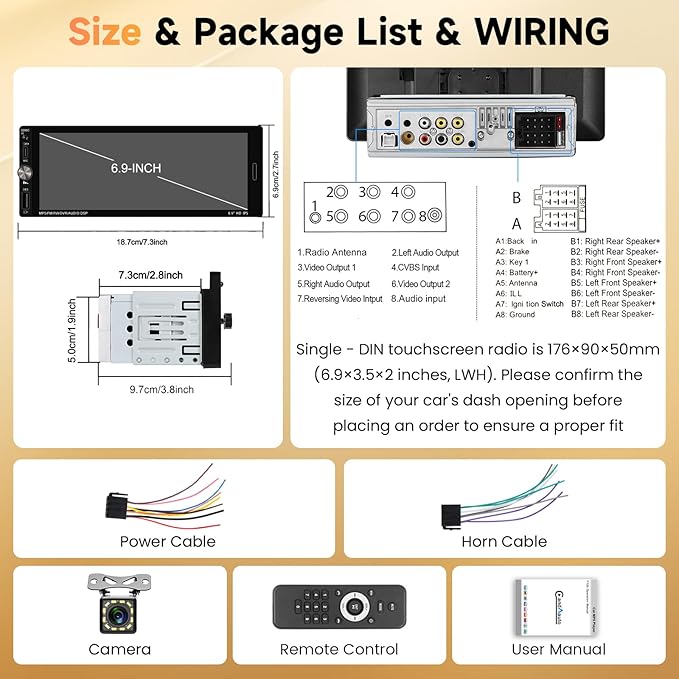 Single Din Car Stereo Compatible with Carplay Android Auto, METEESER 6.9 Inch Bluetooth5.2 Car Stereo with Backup Camera,1280 * 480 IPS Touch Screen Car Radio Support FM/Mirror Link/SWC/USB/DVR/EQ