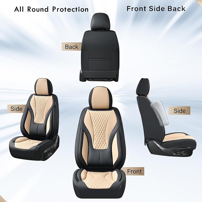 Coverado Waterproof Nappa Leather Car Seat Covers, Automotive Seat Covers,Front Car Seat Cushion & Car Seat Protector, Black&Beige Seat Covers Universal Fit for Most Cars, SUVs, Trucks
