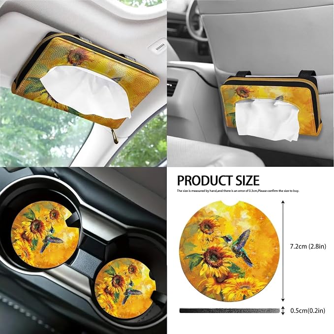 Poceacles 13 PCS Car Seat Covers for Women Sunflower Hummingbird Car Accessories Car Interior Seat Covers with Steering Wheel Cover, Wrist Strap, Car Coasters, Tissue Box, Shoulder Pad, Key Chain