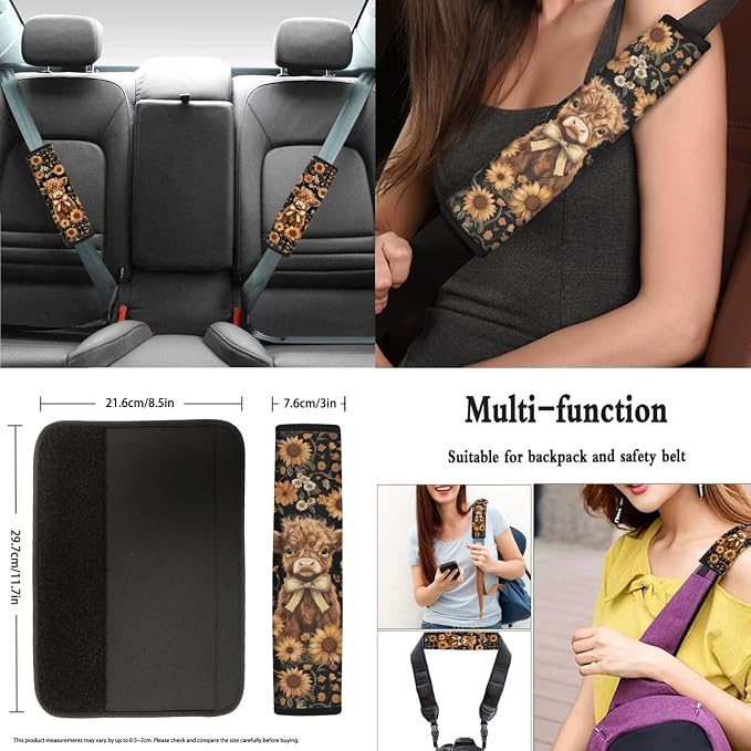8 Pcs Sunflower Highland Cow Car Seat Covers Full Set Car Accessories for Women Front Seat Cover Steering Wheel Armrest Cover Seat Belt Cover for Auto SUV Interior Decoration