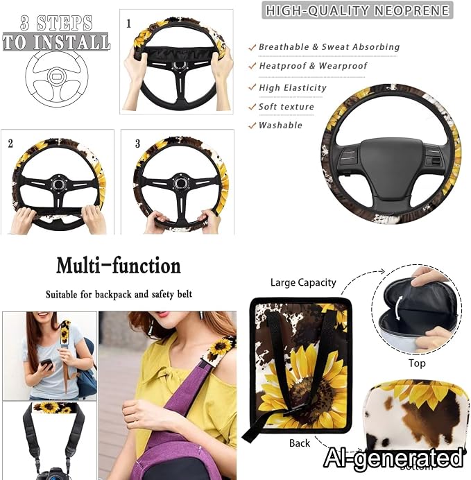 Dreaweet Car Seat Covers Full Set for Women Brown Cow Print and Sunflower Car Accessories - Steering Wheel Cover Seat Belt Pads Car Coasters Trash Bag Air Vent Pouch Rearview Mirror Cover Keychain