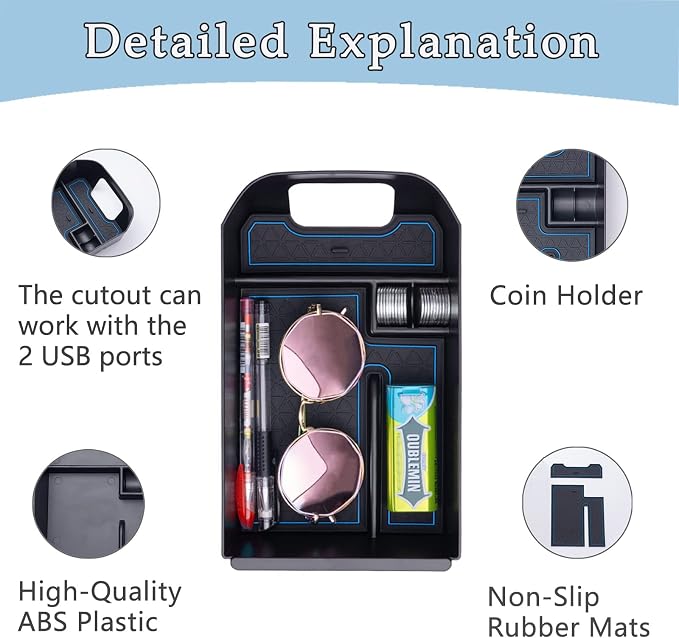JDMCAR Center Console Tray Organizer (Blue Trim) and Center Console Cushion Compatible with RAV4 2022 2021 2020 2019 Accessories