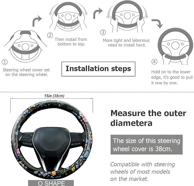 Multicolor Wildflower Steering Wheel Cover Auto Jacquard Steering Wheel Protector, Anti-Slip, Breathable, Absorbing Sweat, Universal Car Accessories 14.5–15 inch,Fit for Most Car, Trucks, SUV