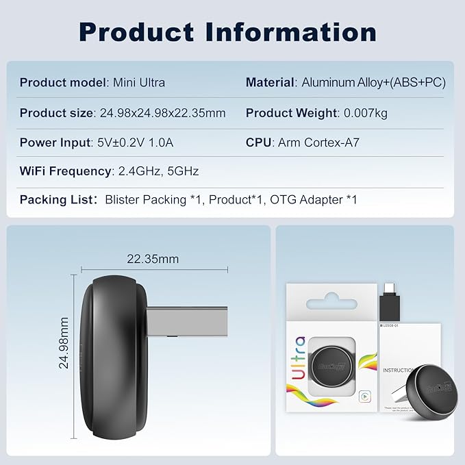 Carlinkit Mini Ultra Wireless CarPlay & Android Auto Adapter, Convert Factory Wired to Wireless, USB-A/USB-C Fast Connection for iPhone & Android 11+, Plug & Play Car Play Dongle, OTA Upgrade