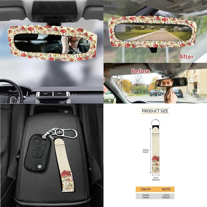 Mushroom Snail Moon Stars 15Pcs Car Seat Cover Full Set Car Steering Wheel Cover Seat Belt Cover Trash Bin Air Vent Storage Box Front Rear View Mirror Car Cup Holder Keychain