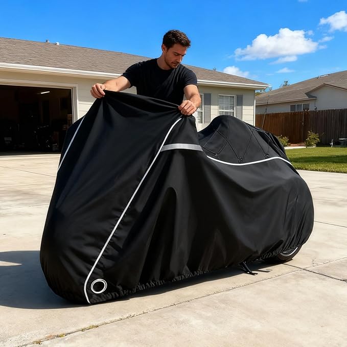 COVERVIN Motorcycle Cover with Side+Top Box Heavy Duty 420D Waterproof for Harley Davidson Ultra Ltd, Road Glide Ltd, Honda Gold Wing, Road Master, Indian, Indoor & Outdoor Storage Black