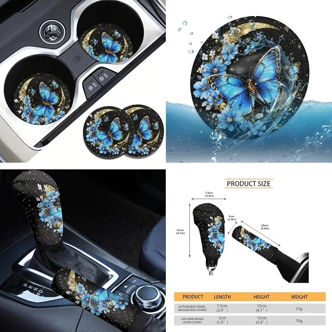 Tupalatus Blue Butterfly Auto Front Seat Covers Steering Wheel Cover,Seat Belt Pads,Cup Holder Gear Shift Knob Cover,Car Handbrake Protector Full Set of 9 PCS for Ladies Gifts,Universal Fit