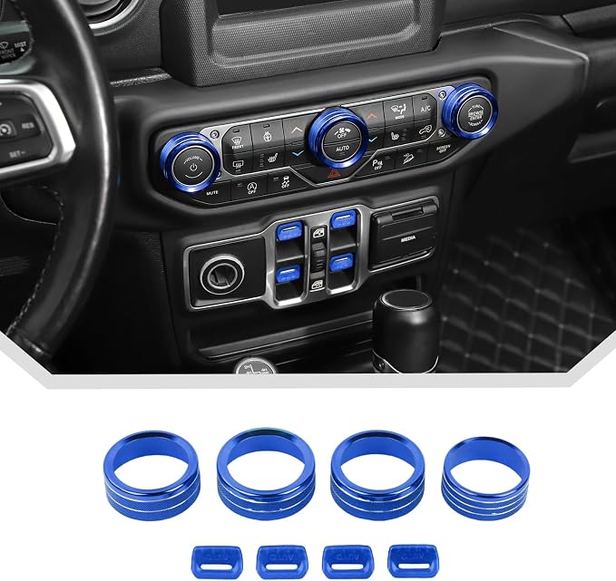 JeCar for Jeep Wrangler JL & Gladiator JT Window Switch Button Knob Cover Trim Kit, Blue Aluminum Interior Decoration Accessories (2018–2024 2025+), 8pcs
