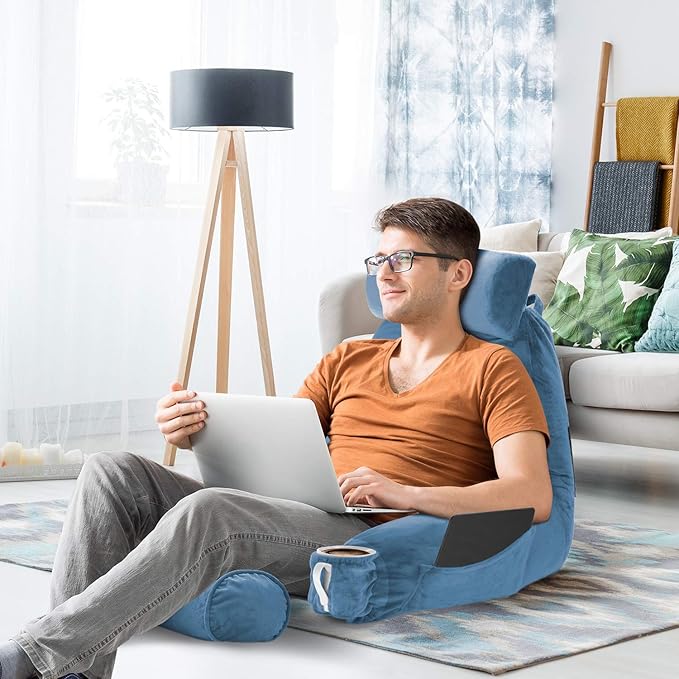 Nestl Reading Pillow with Shredded Memory Foam Includes 2 Neck and Lumber Support Pillows, Designed for Sitting Up in Bed and Couch, Back and Arms Adjustable Support for Adult & Teens, Blue Heaven