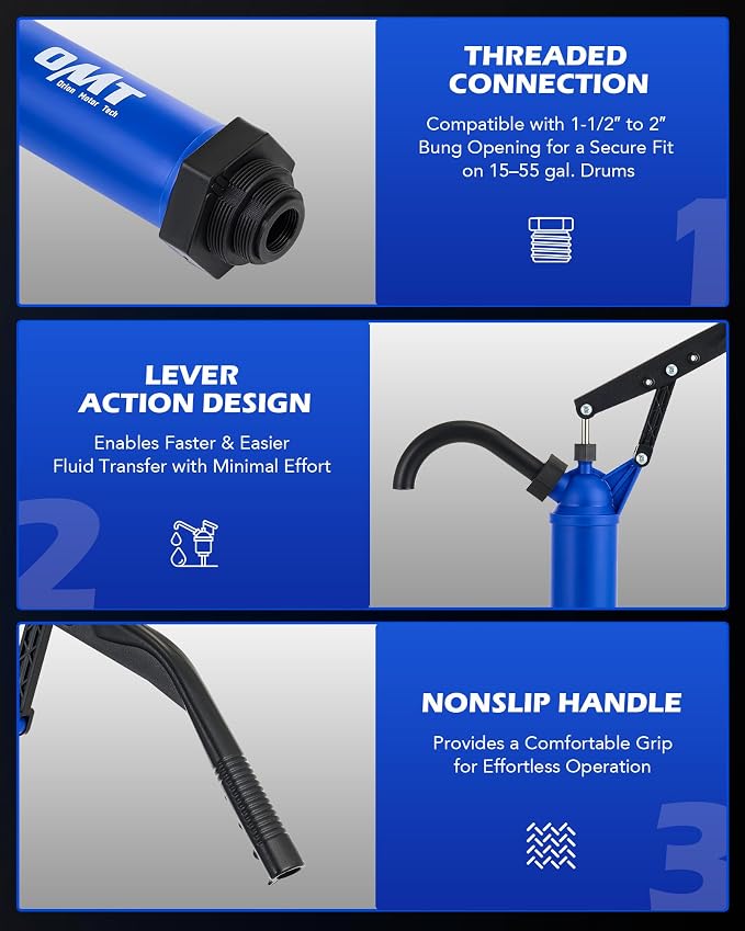 Orion Motor Tech 55 Gallon Drum Pump, for Transfer of Chemicals, Acidic Solutions, Fuels, Water Based Fluids, Fits 5 to 55 Gallon Drums & Barrels, Lever Action Barrel Pump, with 3 Suction Tube
