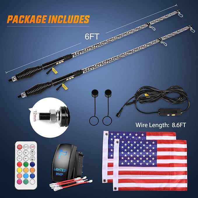 Nilight 2PCS 6FT Spiral RGB Led Whip Light with Spring Base Chasing Light RF Remote Control Lighted Antenna Whips for Can-Am ATV UTV RZR Polaris Dune Buggy Offroad Truck, 2 Years Warranty