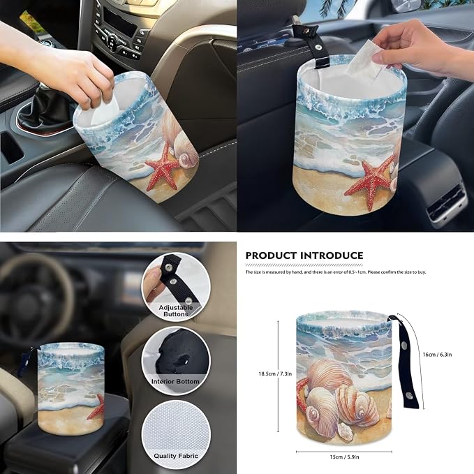 Beach Starfish Print 15 PCS Car Seat Cover Set with Auto Steering Wheel Cover Seat Belt Strap Protector Cup Holder Trash Bag Rear View Mirror Protector Keychain