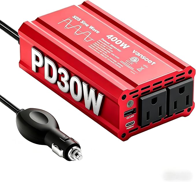 【2026 Upgraded】 400W Peak Clipped Sine Wave Car Power Inverter DC 12V to AC(2 Outlets) 110V Car Charger Plug Adapter Power Converter with PD3.0 & QC18W Dual USB Charging Ports (Red-400)