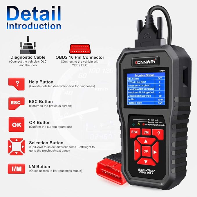 KONNWEI OBD2 Scanner Professional Car OBD II Scanner Auto Diagnostic Fault Code Reader Automotive Check Engine Light Diagnostic EOBD Scan Tool for All OBDII Protocol Cars Since 1996 (Enhanced KW850)