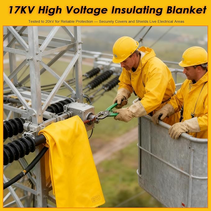 Voltage Insulating Blanket 17KV, High/Low Voltage Electric Insulated Blanket with 2 Pcs Insulation Clamp, for Around Substations/Distribution Room, Yellow 15 4/5" × 19 7/10"