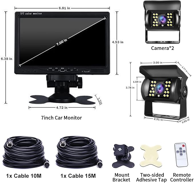 Dual Backup Camera Monitor System for Truck, RVs,-7 Inch LCD Screen with 2 Cameras, IP68 Waterproof, 18IR Night Vision, Rear View Camera 4-Pin Cable for Car, Trailer/Bus/Van/Caravan (12V-24V)
