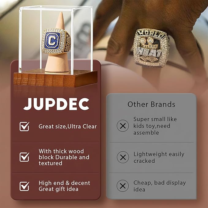 JupDec Championship Ring Display Case, Clear Acrylic Single Ring Holder with Wood Stand Base for Sports Basketball Baseball Fan Souvenirs Military, UV Protection